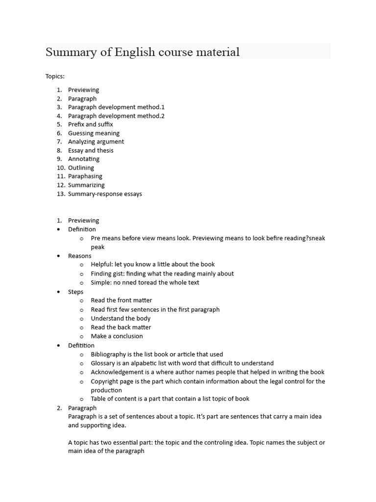Summary of English Course Material | PDF | Word | Paragraph