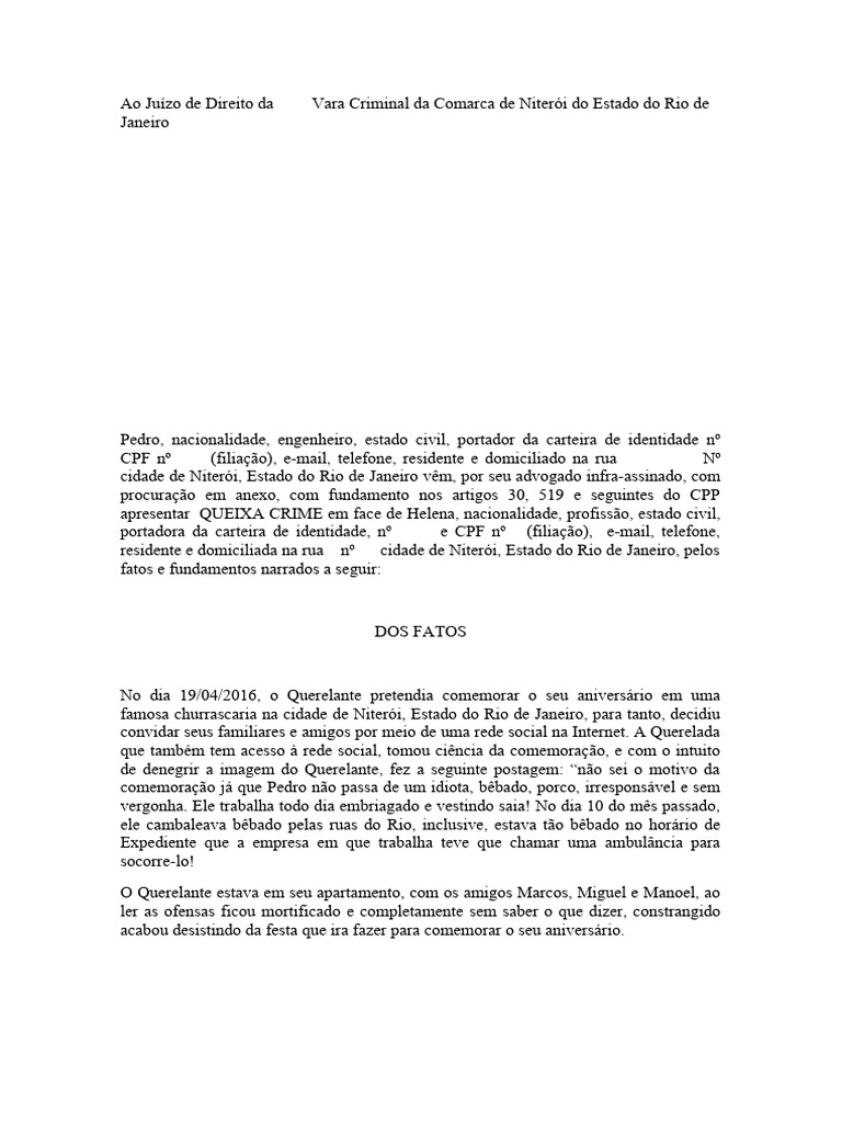 Modelo de Queixa-Crime | Download grátis PDF | Difamação | Crimes