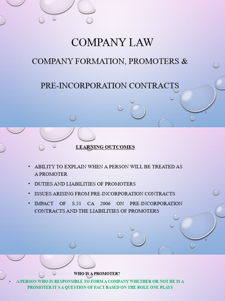 Company Law Company Formation, Promoters & PreIncorporation Contracts