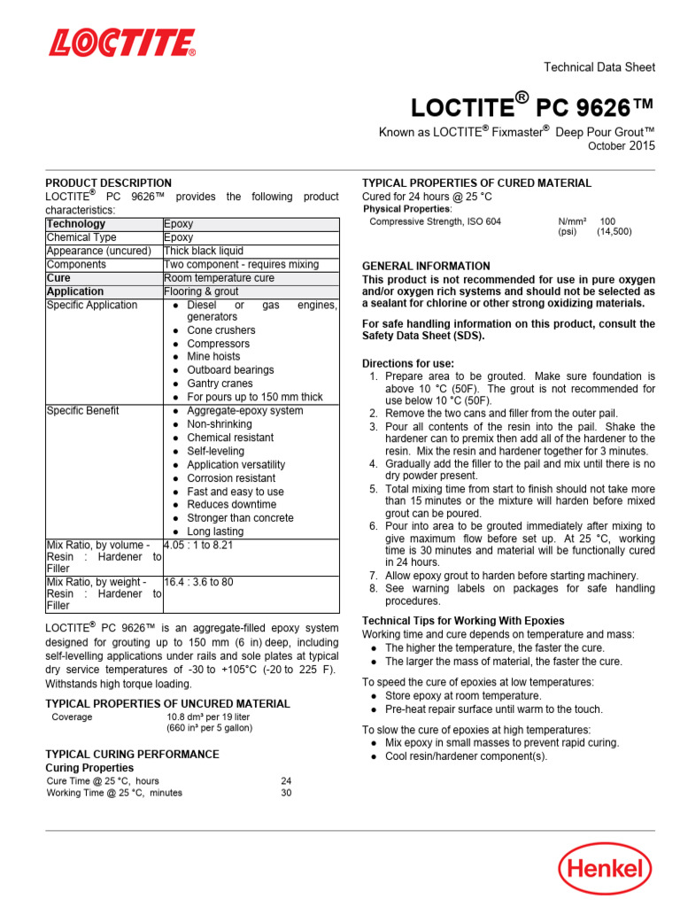 TDS Loctite LOCTITE PC 9626 Fixmaster Deep Pour Grout PDF Epoxy