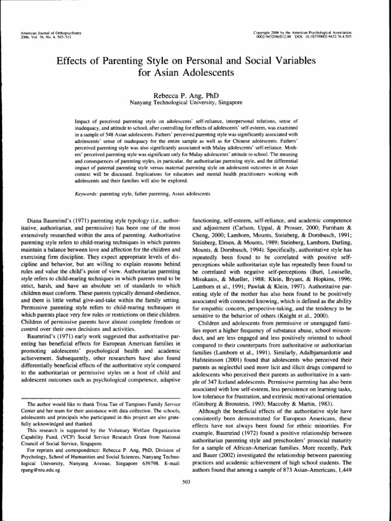 Amer J of Orthopsychiatry 2010 Ang Effects of Parenting Style On