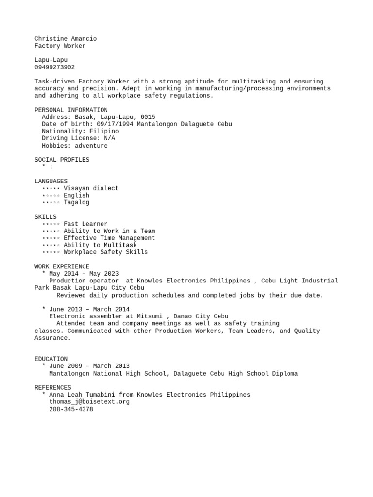 FACTORY WORKER RESUME PDF intelligence overview
