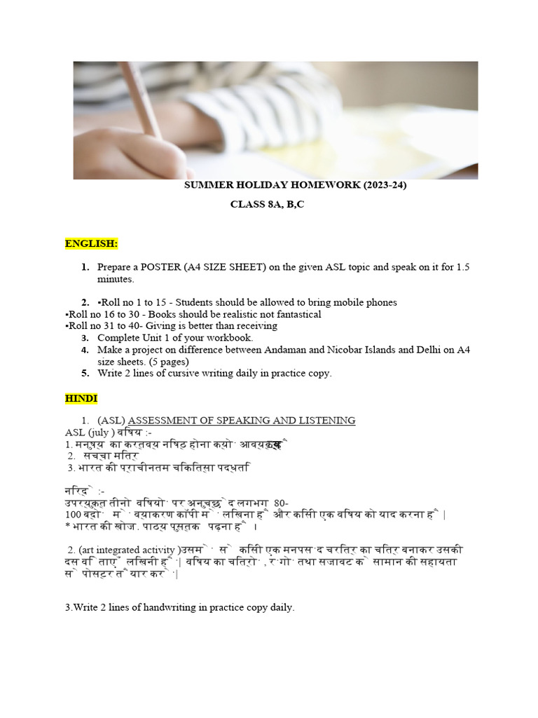 Class 8 Summer Homework 2023-24 | PDF