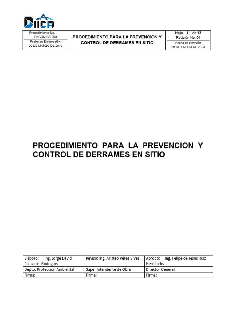 Procedimiento para La Prevencion y Control de Derrames en Sitio | PDF ...