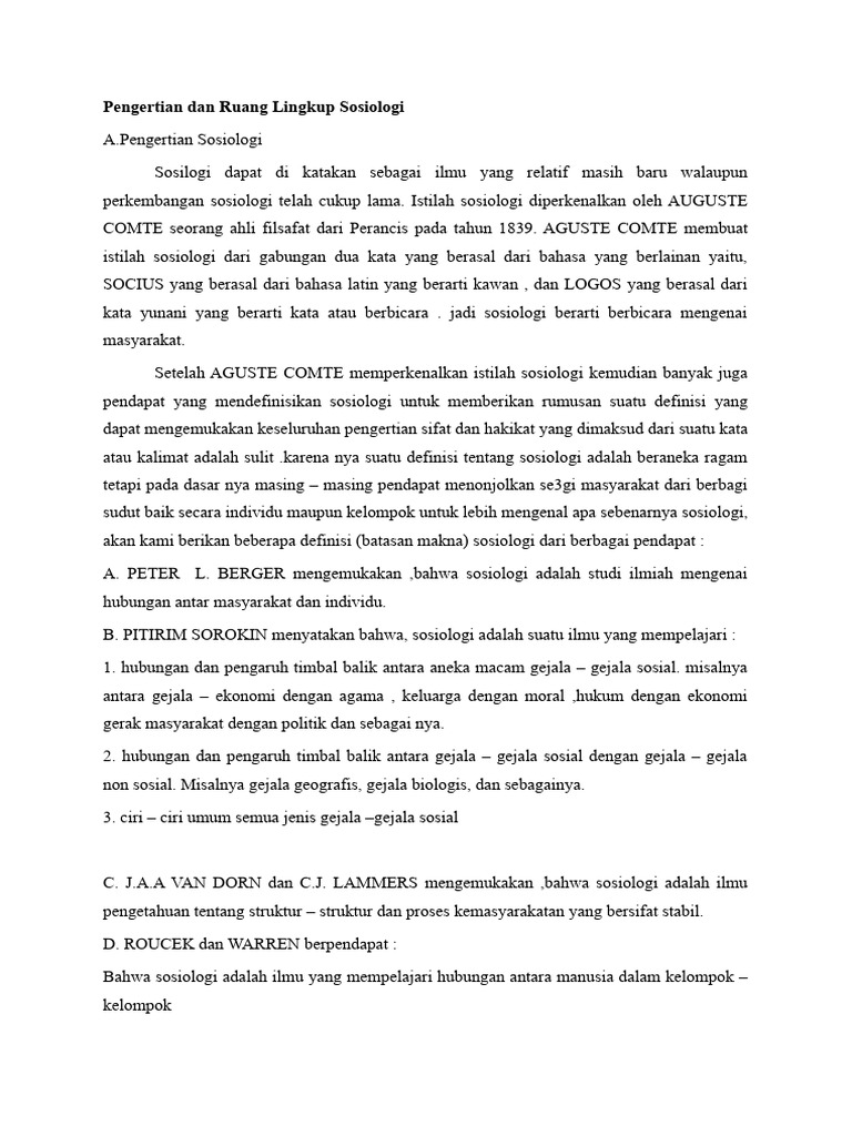 Pengertian dan ruang lingkup sosiologi pdf
