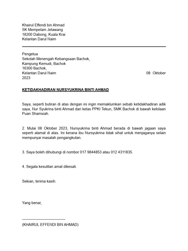 Surat Ketidakhadiran Pdf