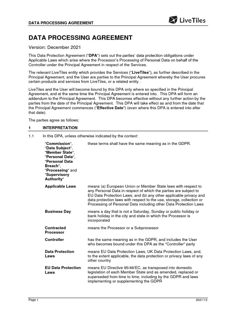 Livetiles data processing agreement dpa pdf information security