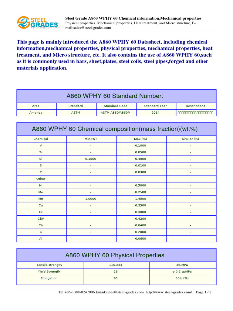 A860 WPHY 60 Steel Datasheet Overview | PDF