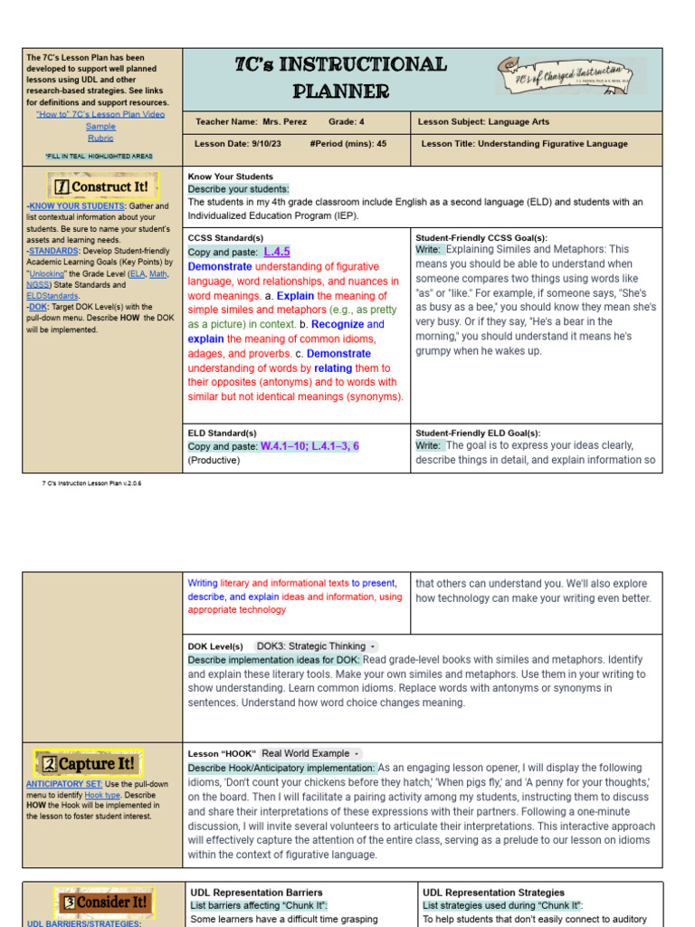 Completed 7 C's Planner Emily Perez | PDF | Lesson Plan | Metaphor