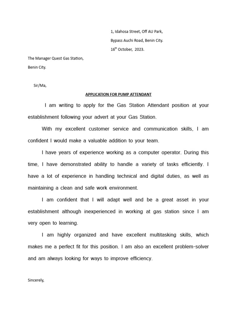 Fuel Station Application Letter PDF