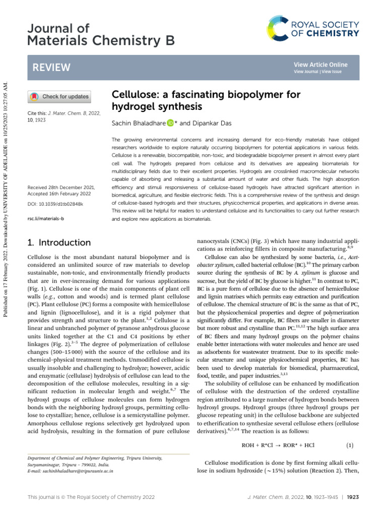 JMCB2022 - 10 - Cellulose A Fascinating Biopolymer For Hydrogel ...