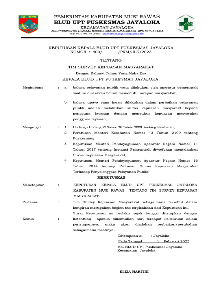 Tim Survei Kepuasan Masyarakat Puskesmas Jayaloka | PDF