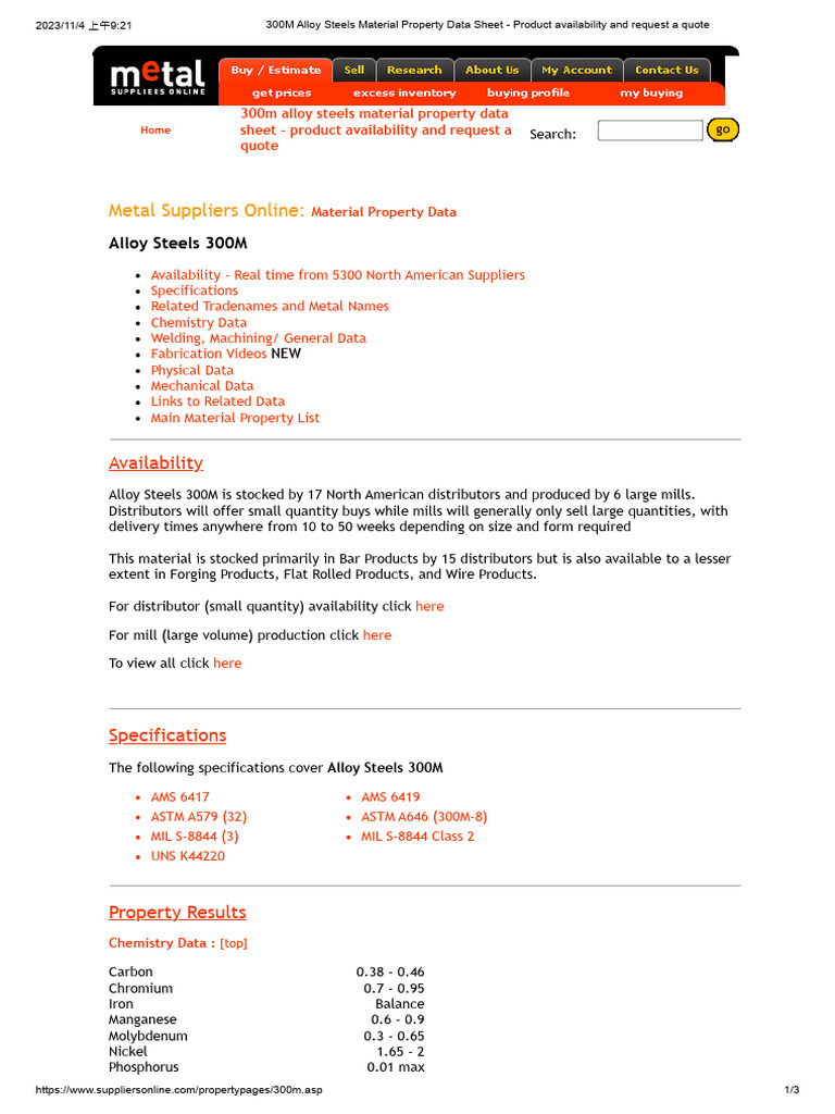 300M Alloy Steels Material Property Data Sheet Product Availability