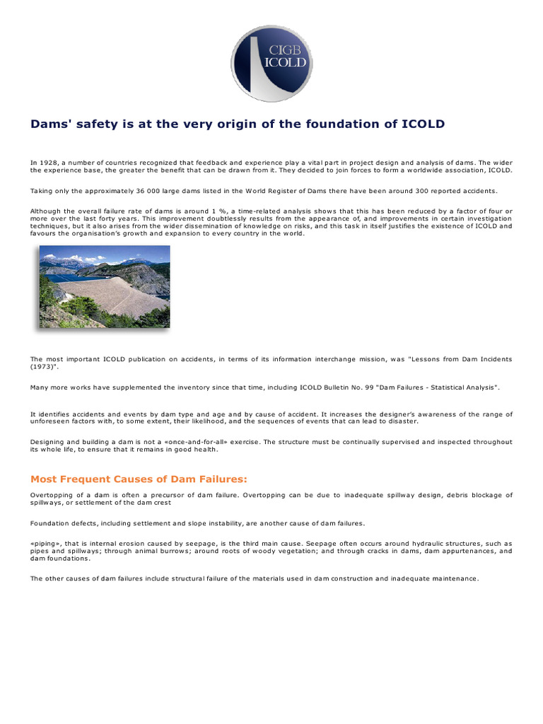 Dams' Safety Is at The Very Origin of The Foundation of ICOLD | PDF