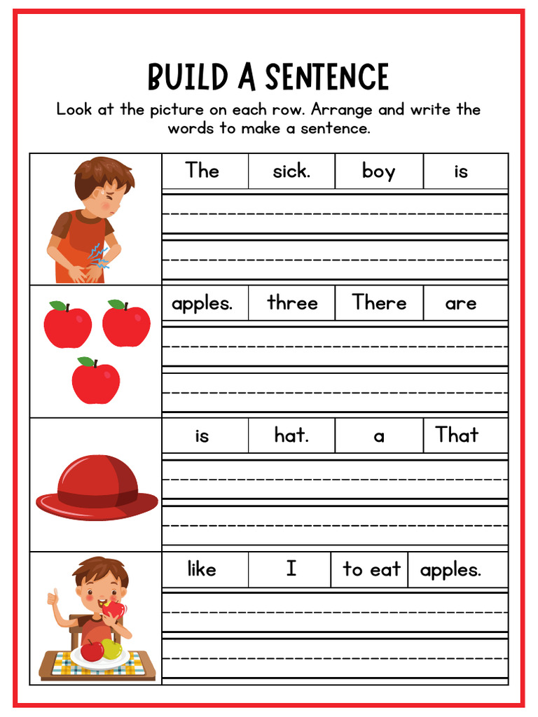 Red and White Illustrative Build A Sentence Writing Worksheet | PDF
