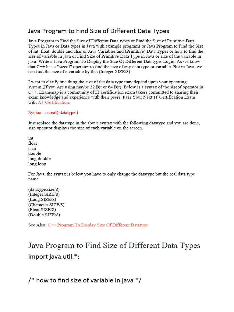 Java Program To Find Size of Different Data Types | PDF