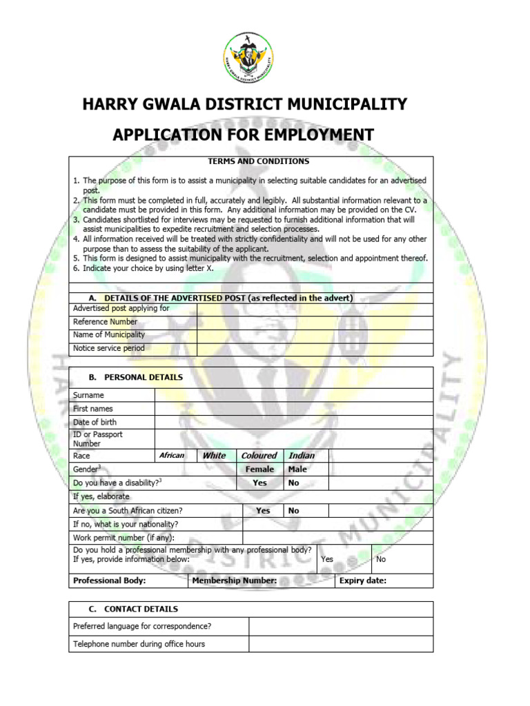 Harry Gwala Municipality Job Application Form | PDF | Recruitment | Justice