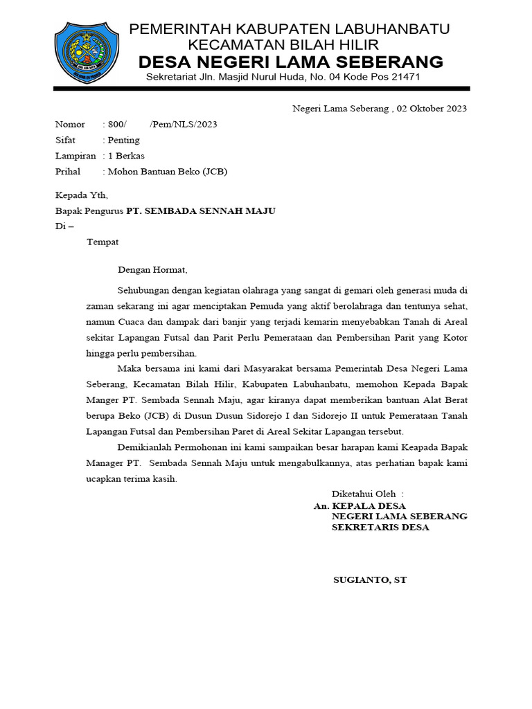 Permohonan Bantuan Pembersihan Parit | PDF