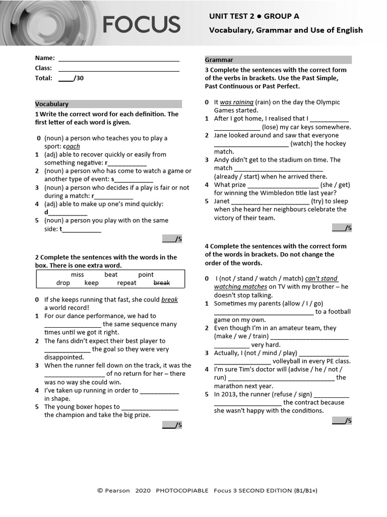 Focus 3 Unit Test 2: Group A | PDF | Sentence (Linguistics) | Noun