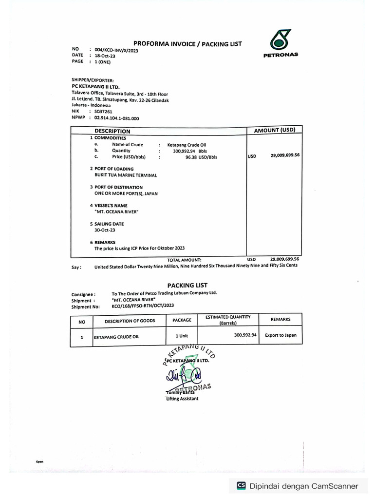PL & Invoice MT Oceana River | PDF