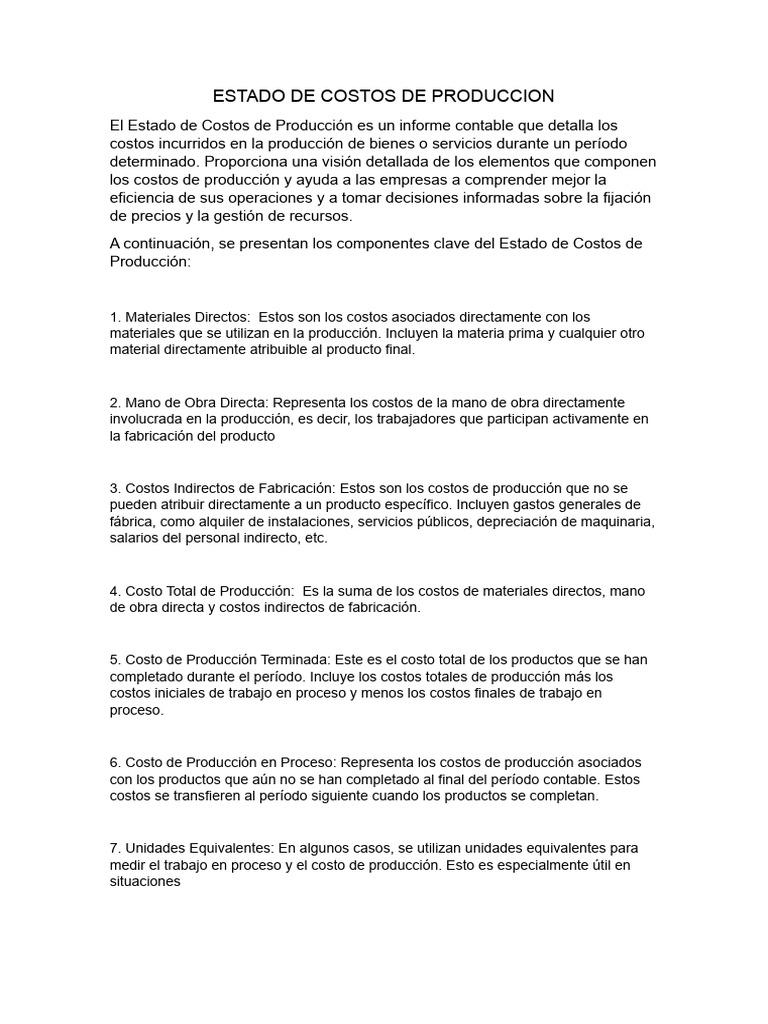 Estado de Costos de Produccion | PDF | Costo | Inventario
