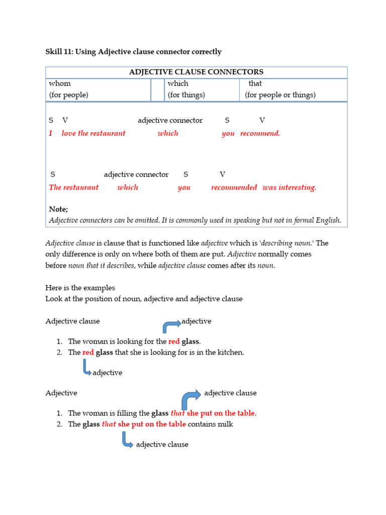 Skill 11 Use Adjective Clause Connectors Correctly1 PDF PDF Adjective Ragtime
