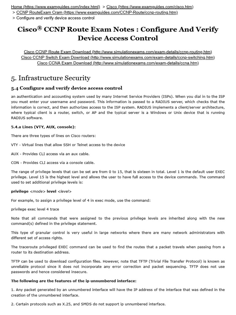 Cisco CCNP Route Configure and Verify Device Access Control PDF