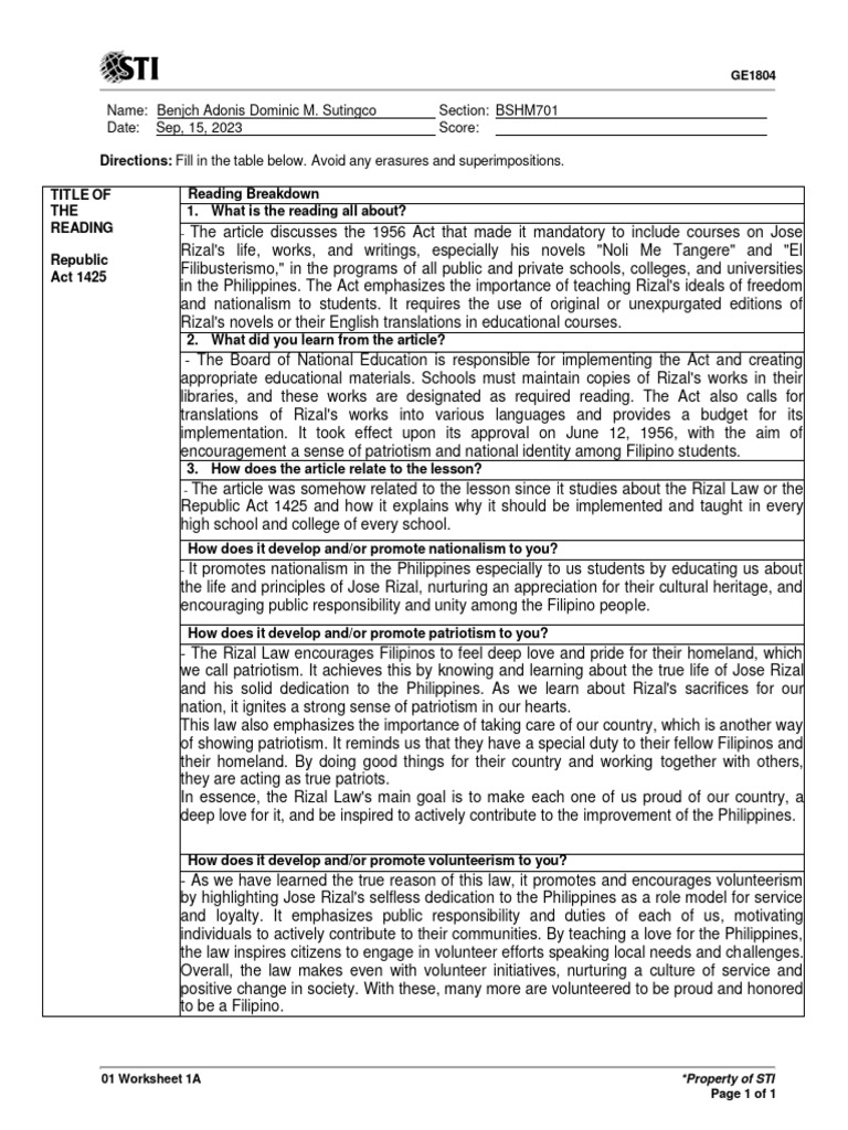 01 Worksheet 1a Rizal Pdf