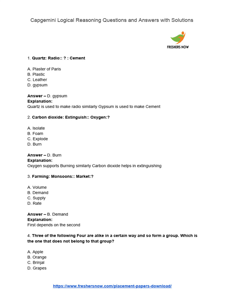 Capgemini Logical Reasoning Questions and Answers PDF