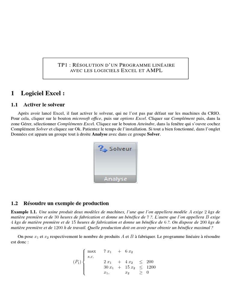 Résolution de Programmes Linéaires avec Excel et AMPL | PDF