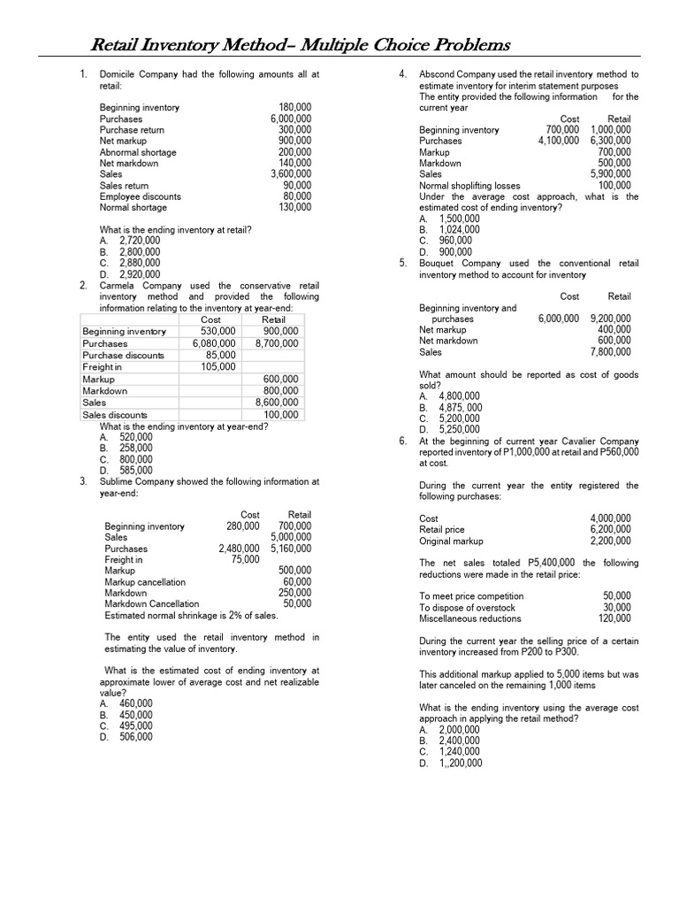 Retail Inventory Method MCQs Guide | PDF