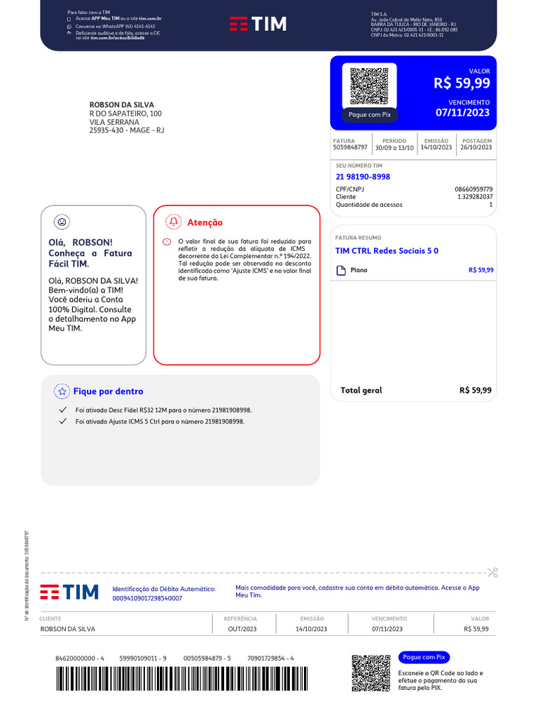 Fatura TIM de Outubro 2023 | PDF