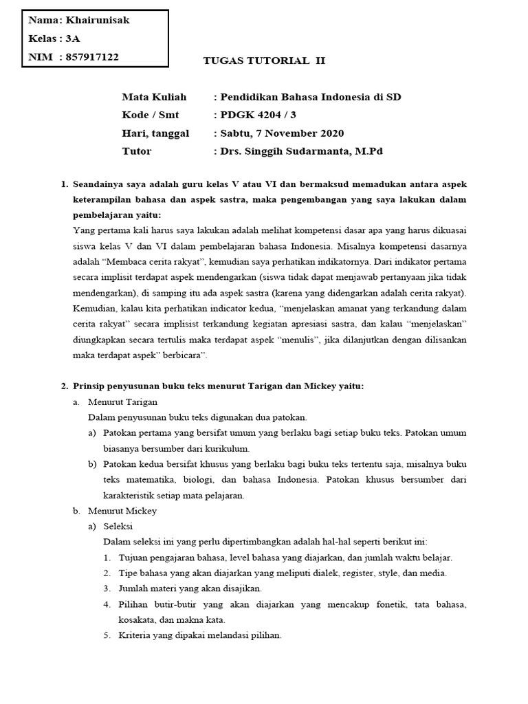 Tugas Tutorial 2 Bahasa Indonesia SD | PDF
