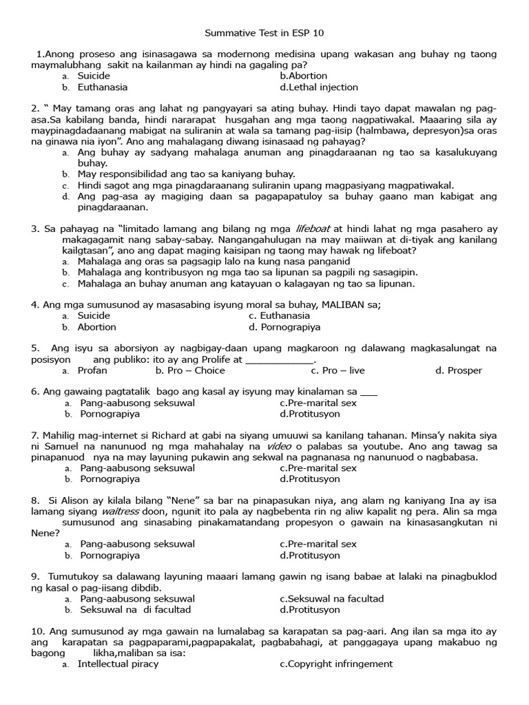 Summative Test in ESP 10 4th | PDF