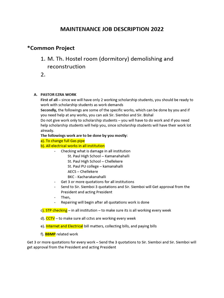Maintenance Job Description 2022 | PDF