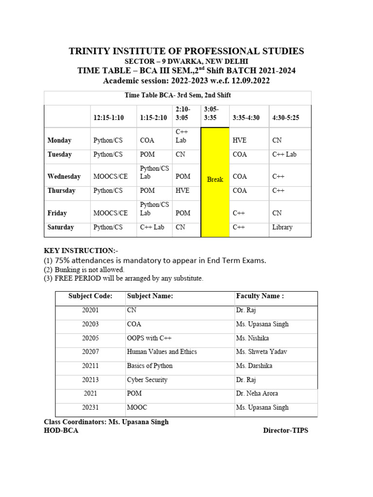Bca 3rd sem 2nd shift time table pdf