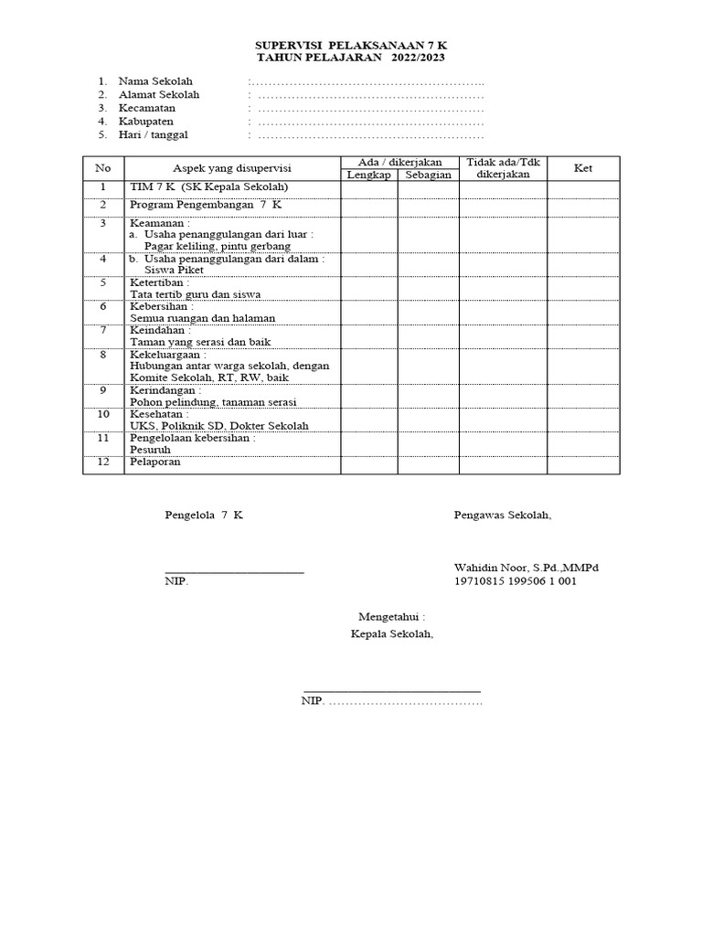 Supervisi Pelaksanaan Program 7 K | PDF