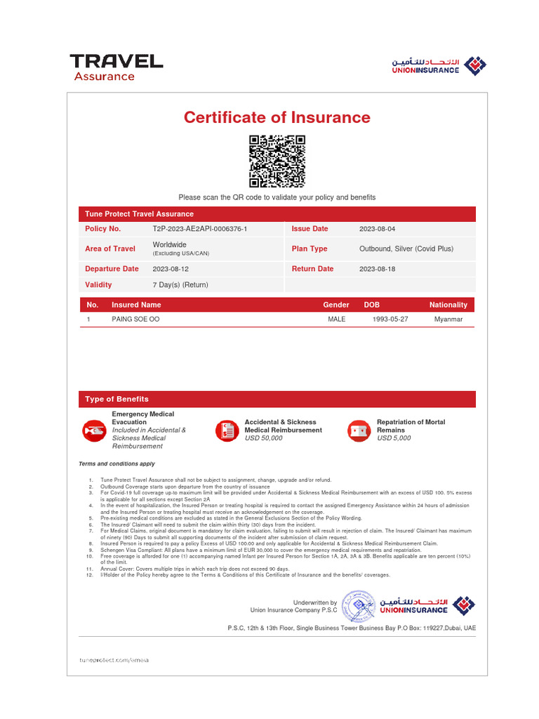 Tune Protect Travel Insurance Certificate | PDF | Insurance