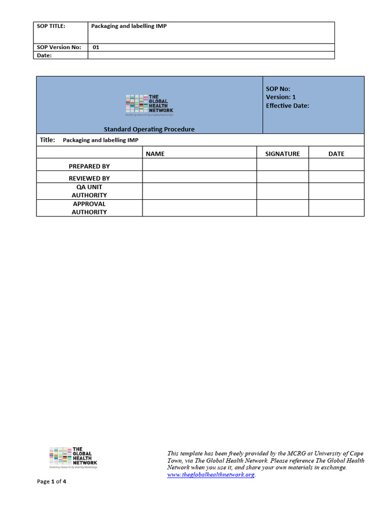 IMP Packaging and Labelling SOP | PDF | Clinical Trial | Pharmacist