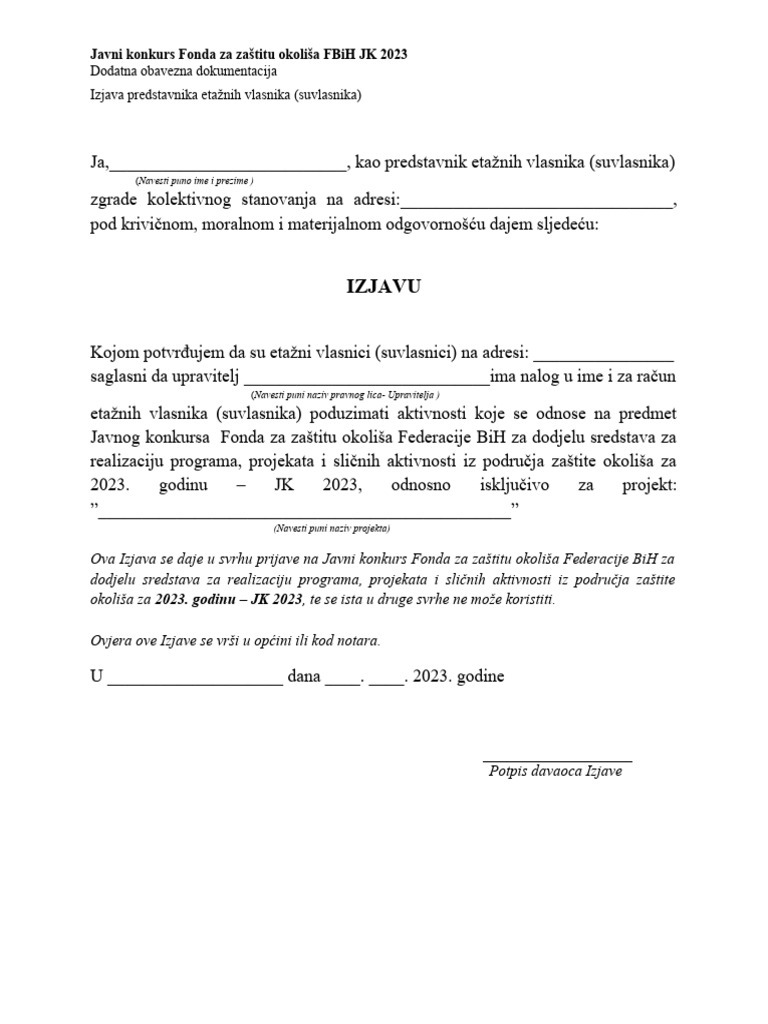 R Izjava Predstavnika Etaznih Vlasnika JK 2023 | PDF