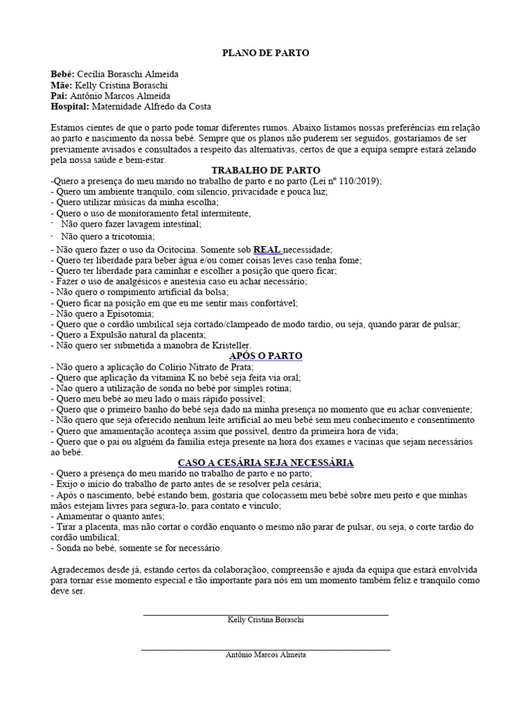 Plano de Parto - Modelo | PDF