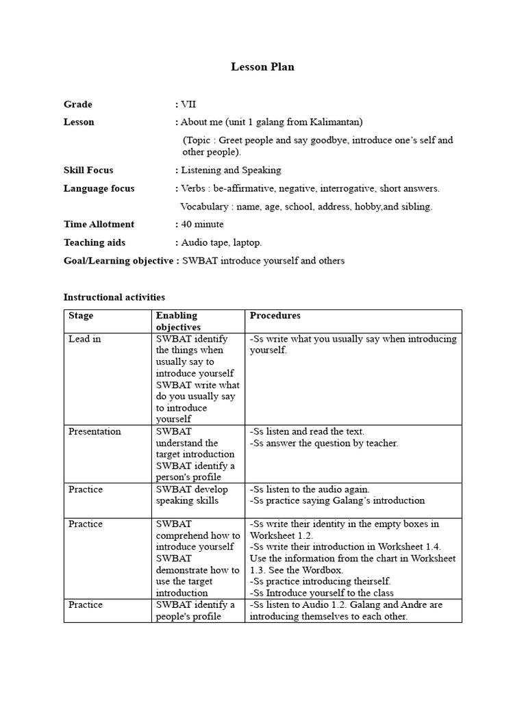 Lesson Plan-English For Nusantara (Alya-Nur) Chapter 1 Unit 1 | PDF
