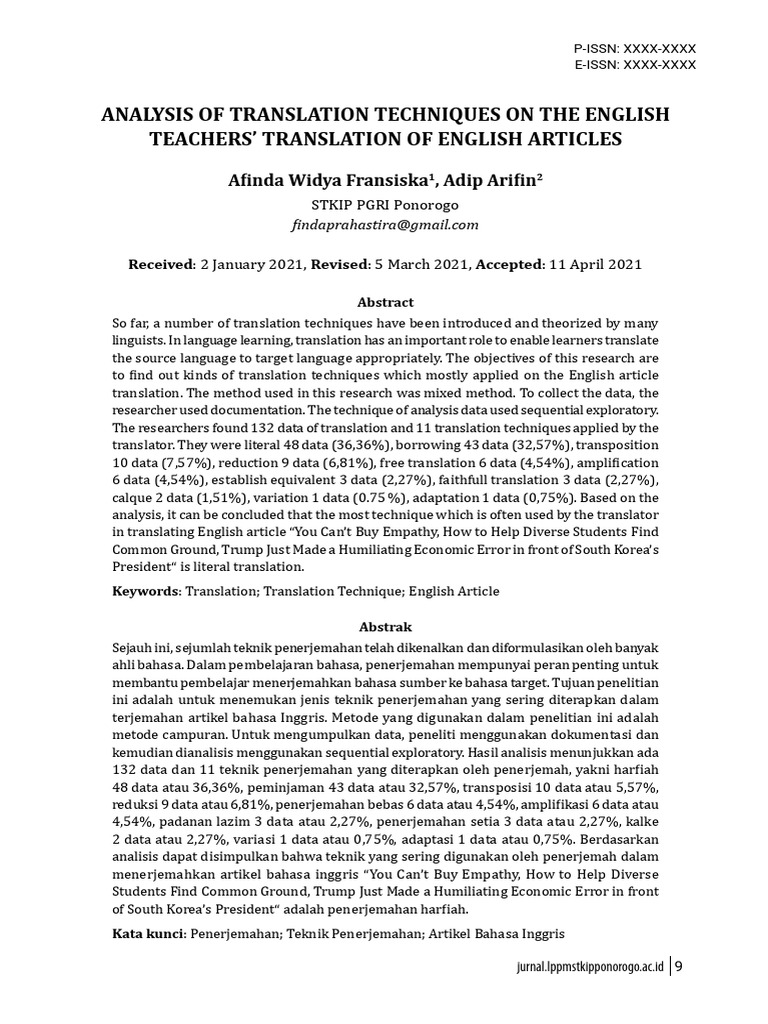 Analysis of Translation Techniques On The English Teachers Translation ...