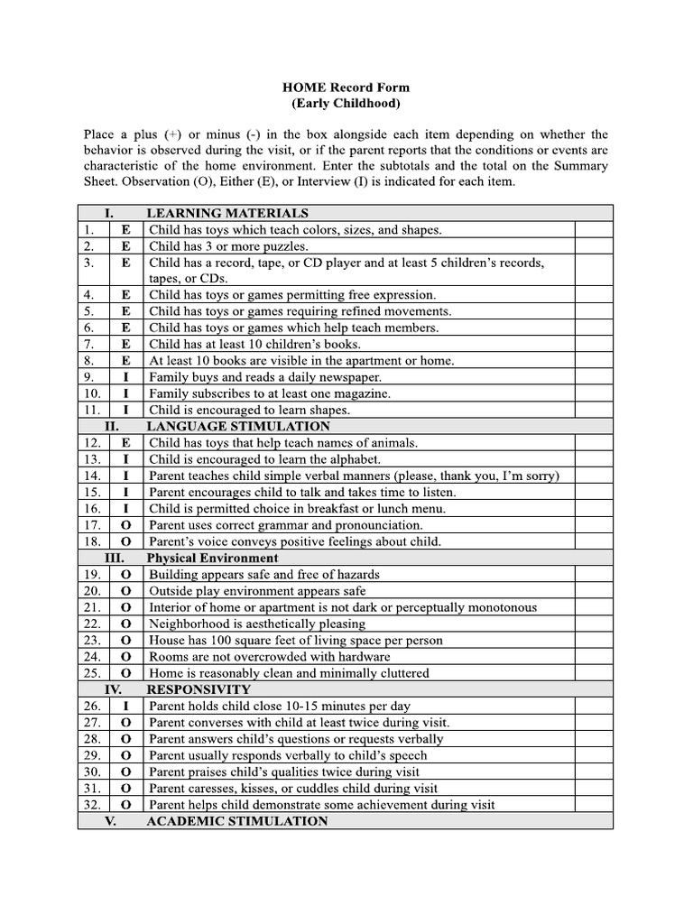 HOME Record Form Early Childhood | PDF
