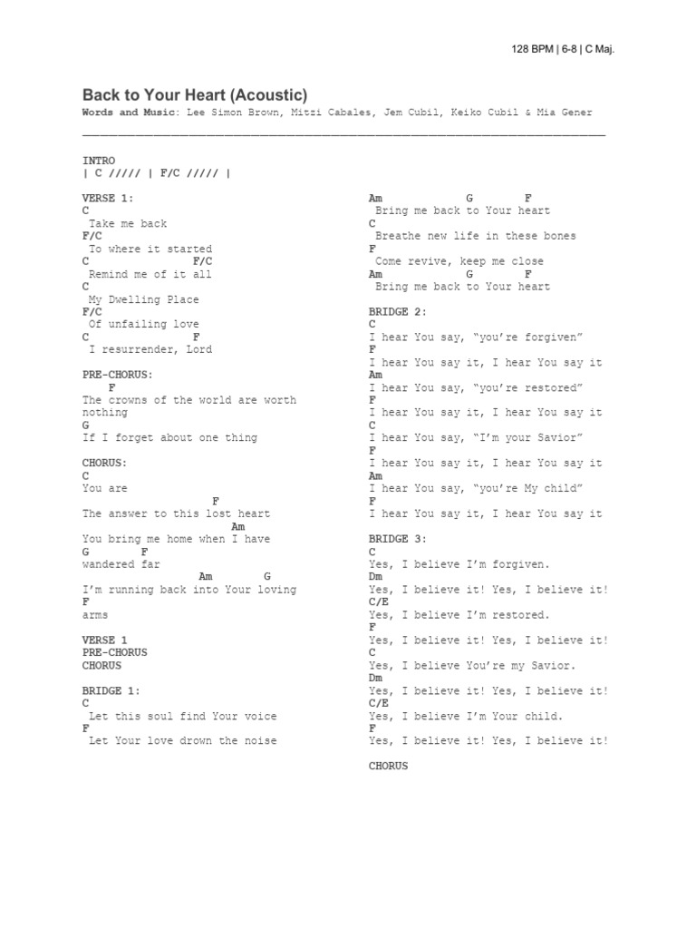 Back To Your Heart Acoustic Song Chart PDF Song Structure Songs