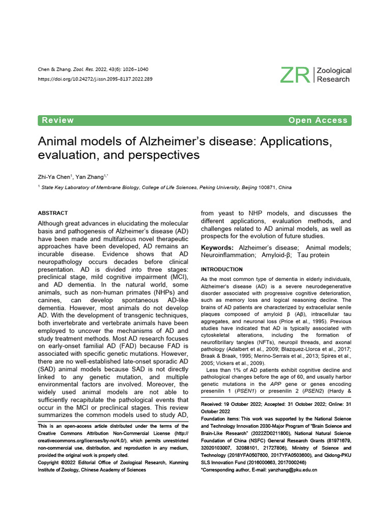 Animal Models of Alzheimer's Disease Applications, Evaluation and