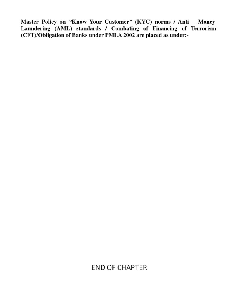 MASTER POLICY ON KYC AML CFT OBLIGATION OF BANKS UNDER PMLA 2002 PDF