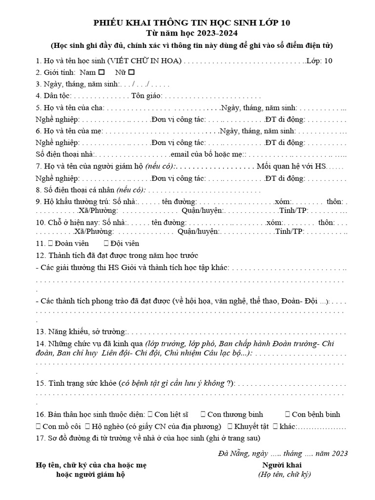 Phieu Khai Thong Tin Hoc Sinh - Kieu So Yeu Ly Lich (K10) | PDF