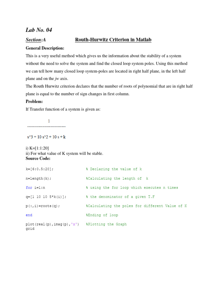 Routh-Hurwitz & Root Locus in Matlab | PDF | Systems Engineering ...