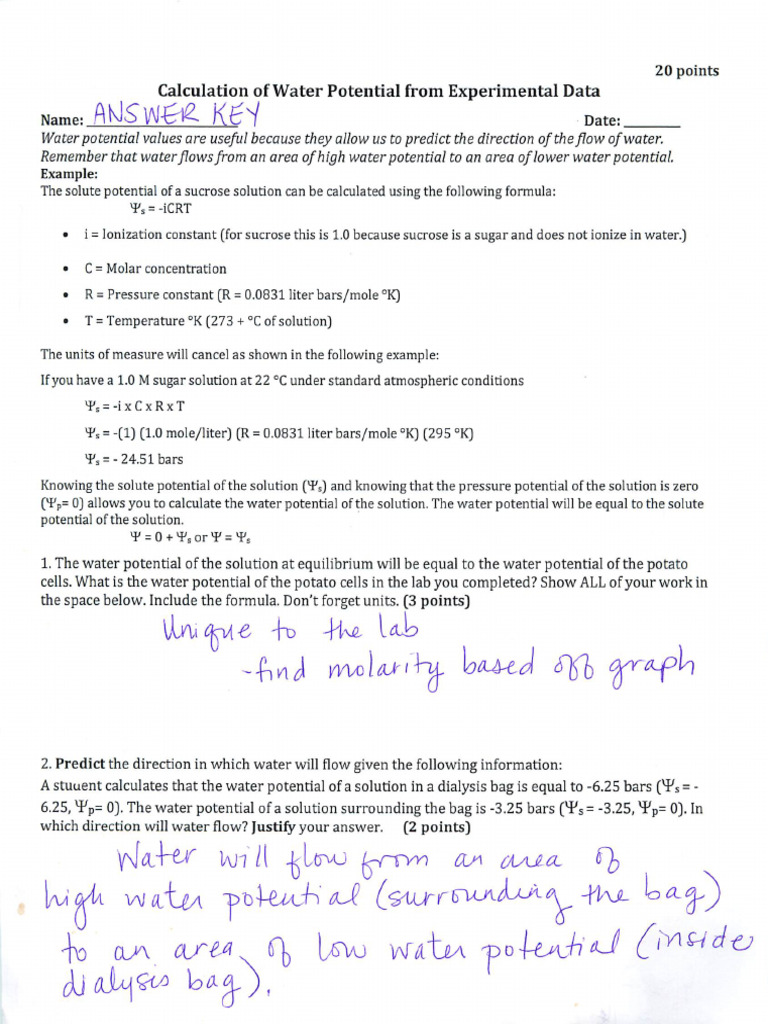 Water Potential Problems Answer Key (1) PDF